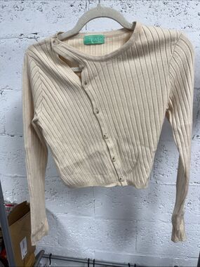 TRASK Cream Ribbed Asymmetric Button-Front Sweater - Cut Out - Size Small